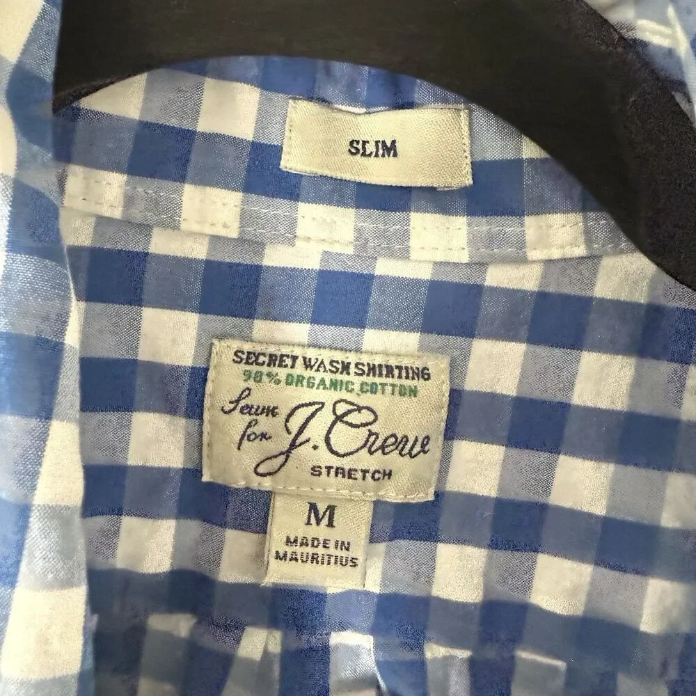 J. Crew Dress Shirt Mens Medium Blue White Plaid Organic Cotton Long Sleeve Slim